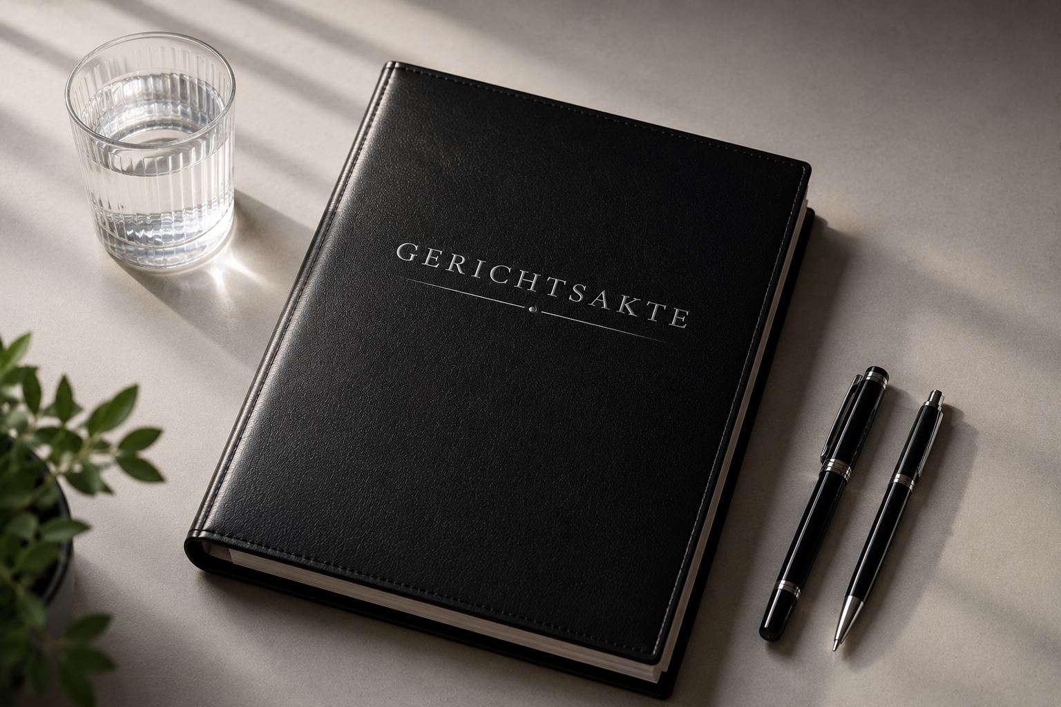 Ledermappe mit der Aufschrift Gerichtsakte, daneben Stifte und ein Wasserglas